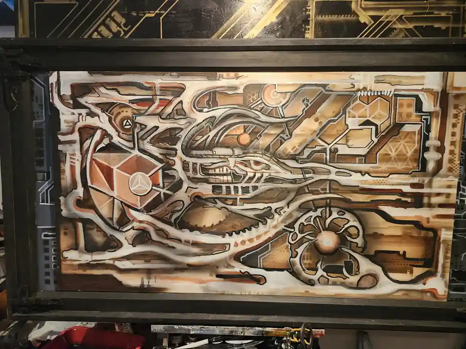 A framed, abstract painting with a steampunk or cyberpunk aesthetic, featuring swirling beige, brown, and white patterns…
