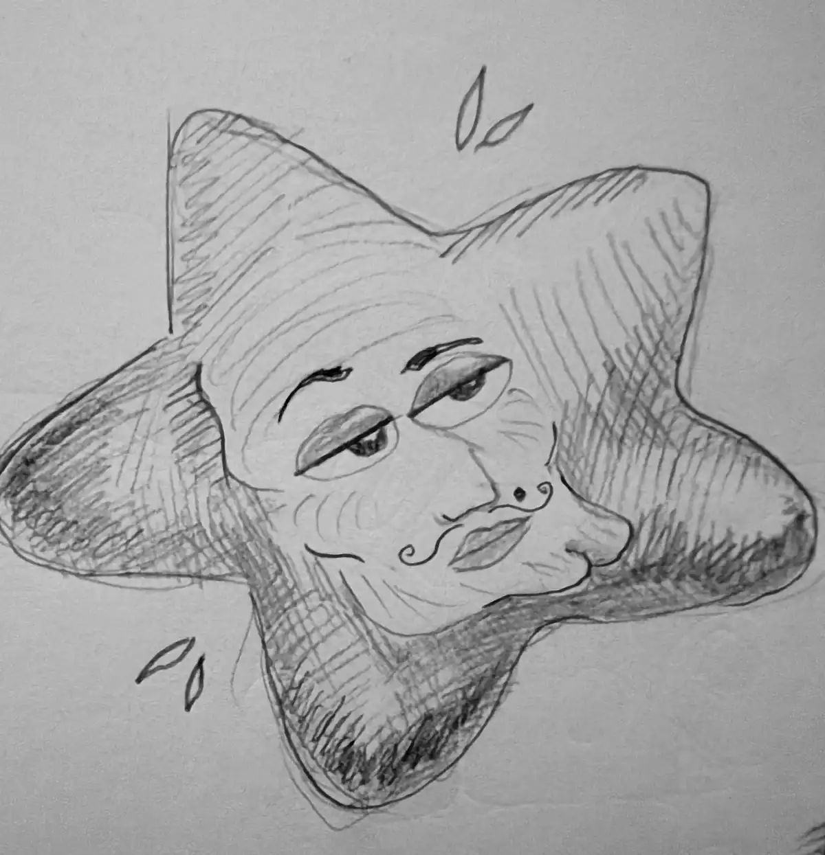 A pencil sketch of a star-shaped figure with a human-like face, mustache, and a smug expression, drawn on paper. The figure…