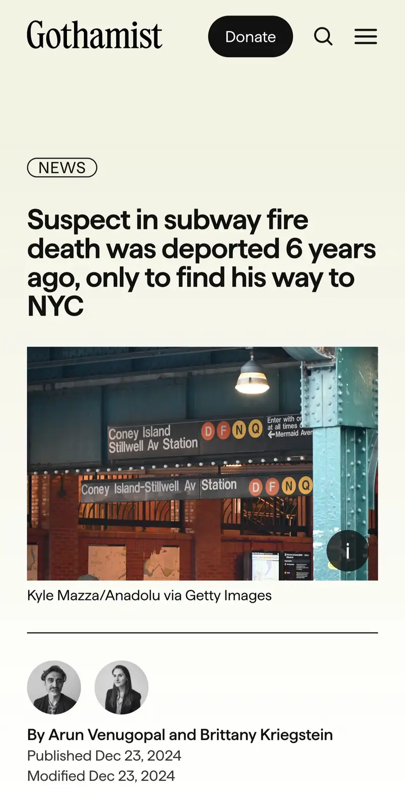 A screenshot of a Gothamist news article shows a photo of the Coney Island-Stillwell Av subway station with signs for lines…