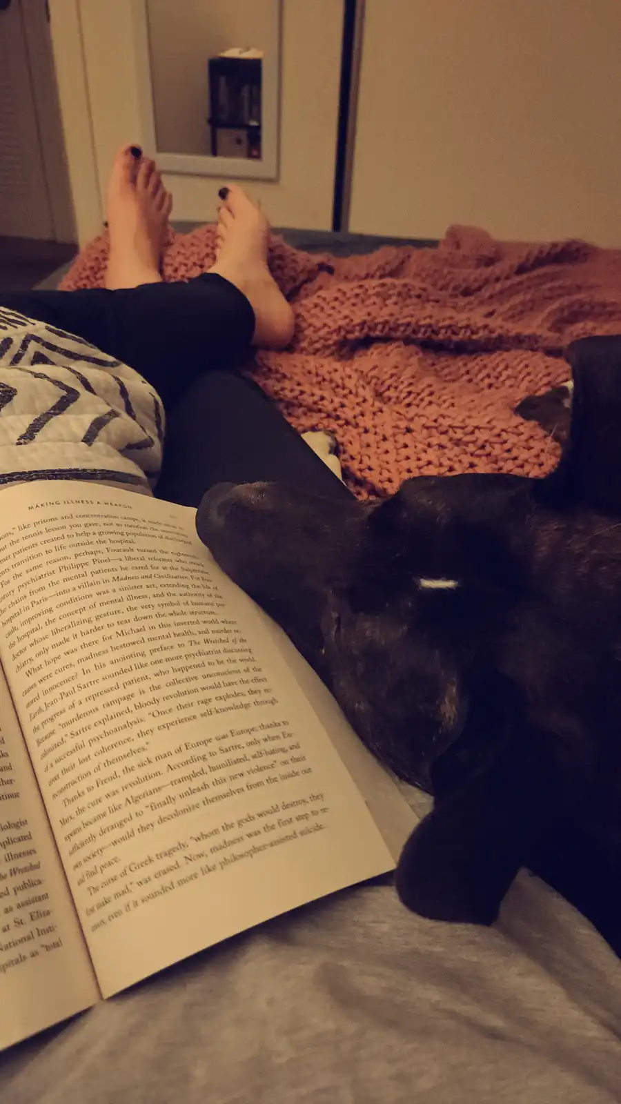 A person is lying on a bed with feet up, reading a book titled 'Making Illness a Weapon'. A black dog with a white patch on…