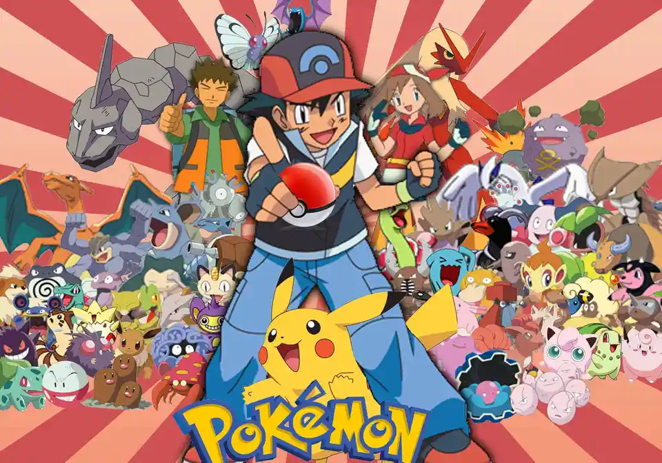 A vibrant promotional image for Pokémon featuring Ash Ketchum in the center holding a Poké Ball, with Pikachu prominently in…