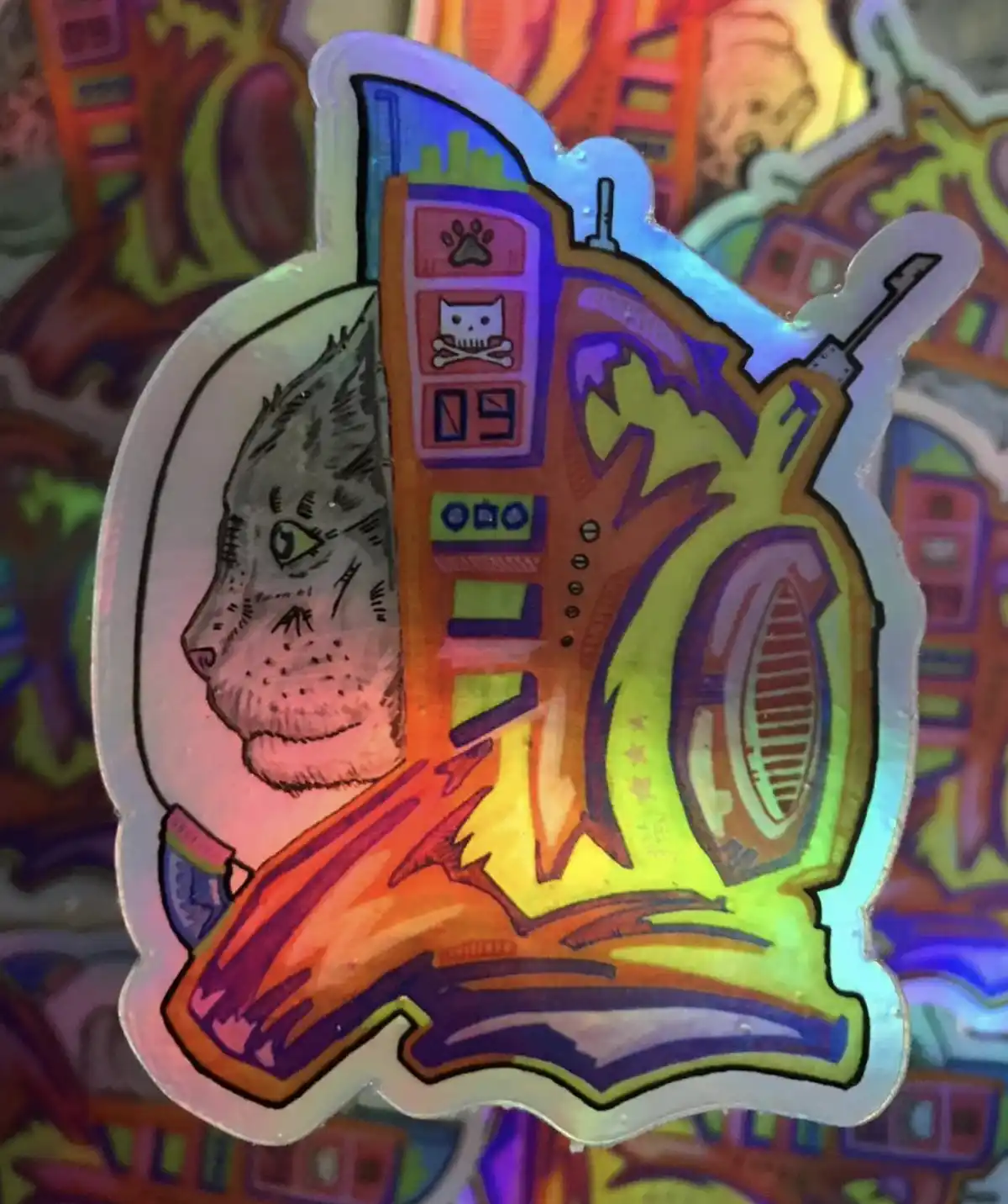 A holographic sticker shows a gray cat's face in profile, seemingly emerging from or fused with a stylized, colorful…