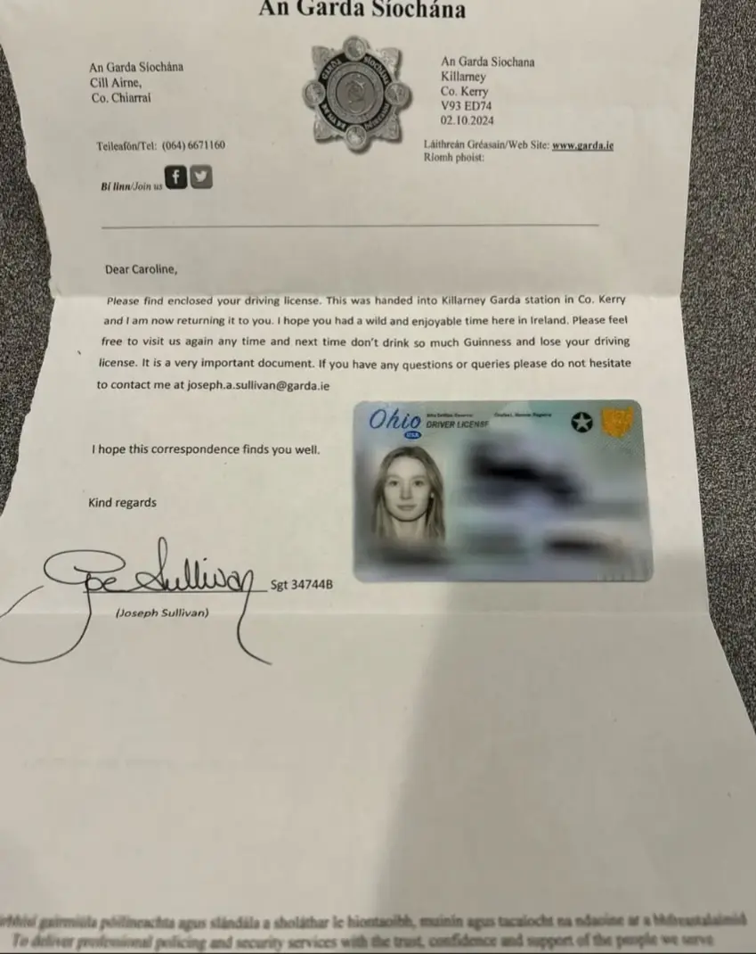 An official letter from An Garda Siochána, Ireland's police force, addressed to 'Caroline' and signed by Sgt Joseph…