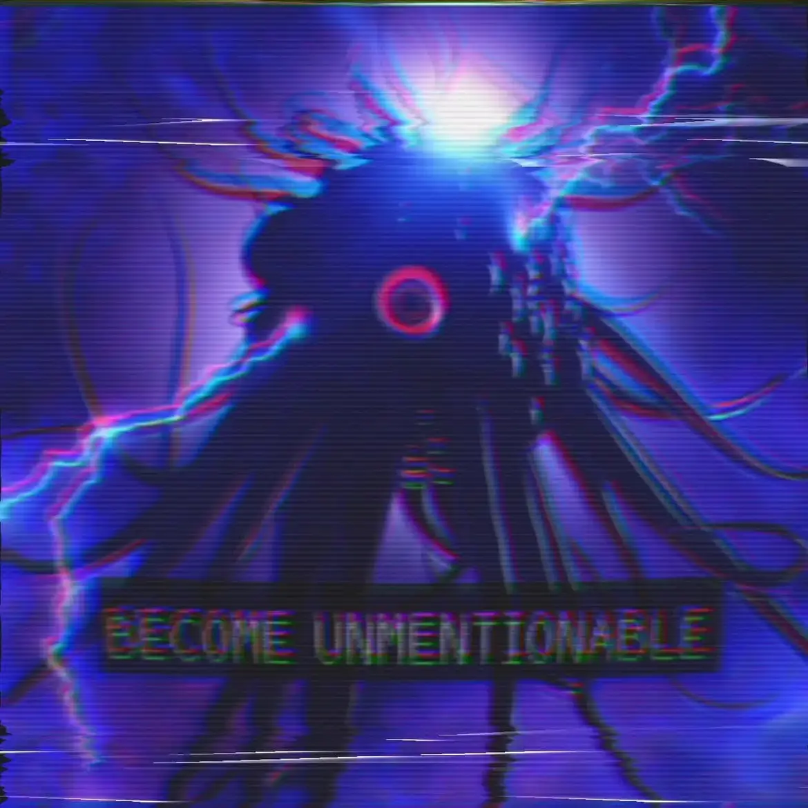 A glitchy, distorted image of a dark, shadowy figure with glowing eyes and electric blue and purple lightning effects…