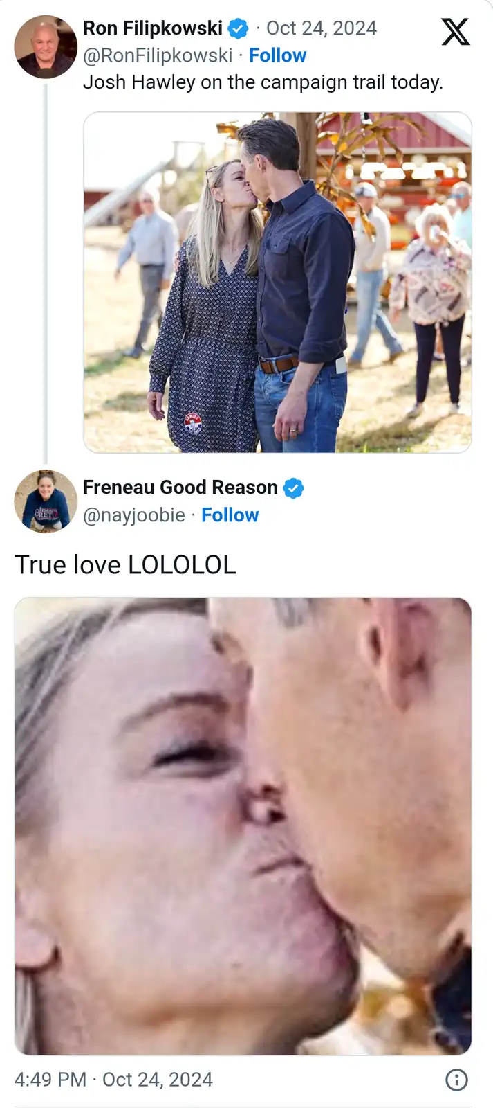 A screenshot of two tweets: the top one shows a man and woman kissing at an outdoor event, with the caption 'Josh Hawley on…