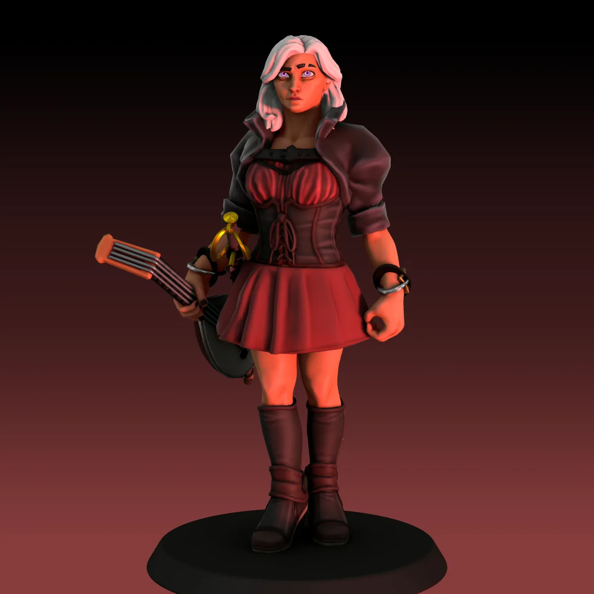 A 3D-rendered fantasy character with white hair and purple eyes, wearing a red corset and skirt, a dark jacket, and boots…