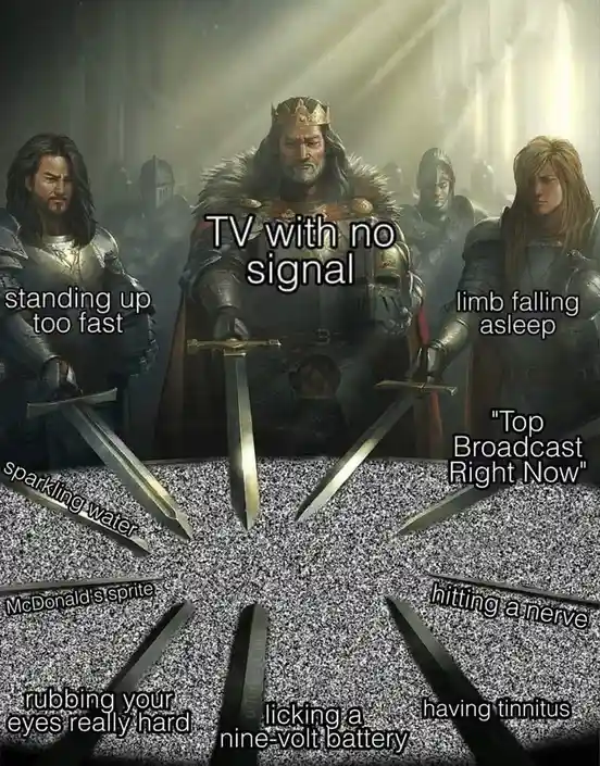 A medieval king sits on a throne with several knights holding swords pointed downward at a snowy TV static screen. Each…