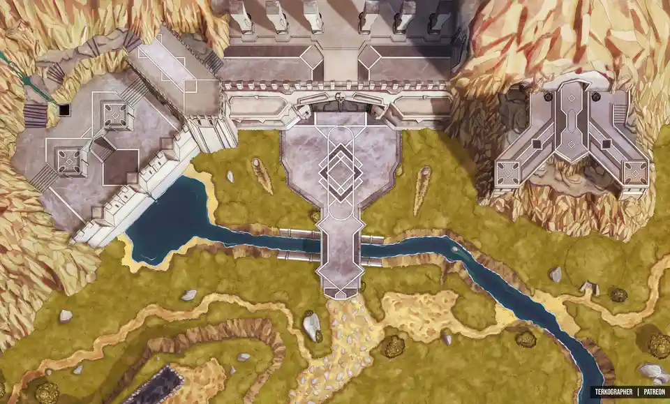 An overhead fantasy map shows a large, ornate fortress complex built into rocky cliffs, with a river flowing through the…