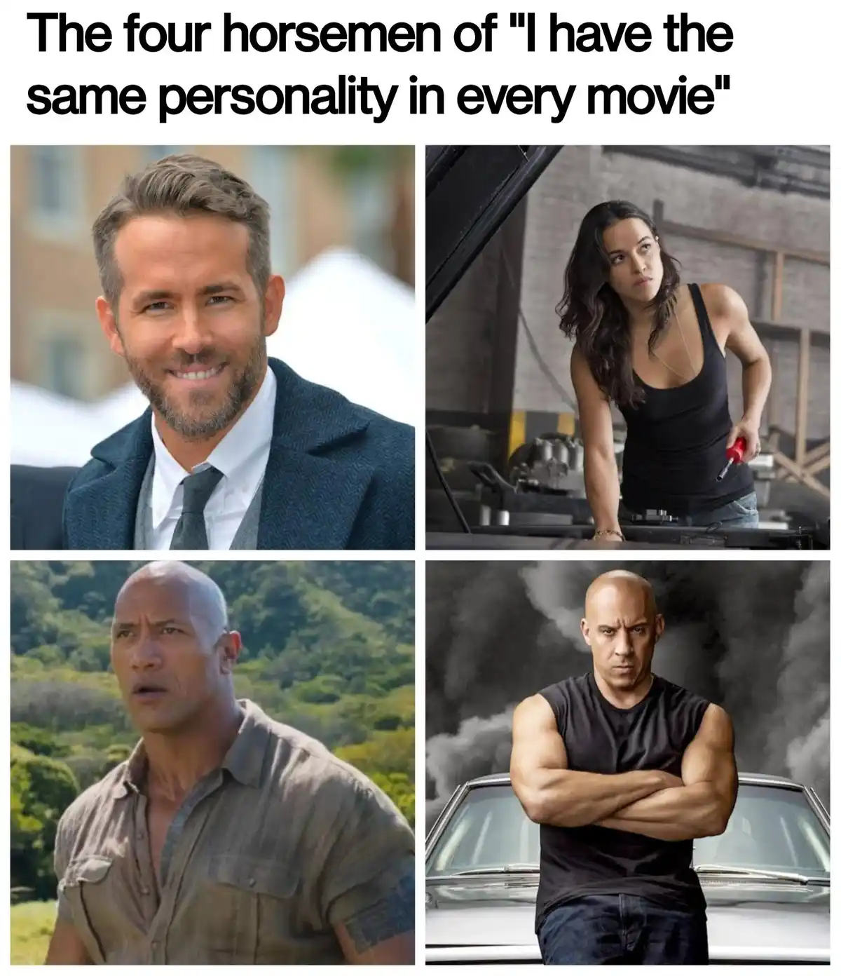A four-panel meme featuring Ryan Reynolds smiling in a suit, Michelle Rodriguez looking skeptical while holding a tool near…