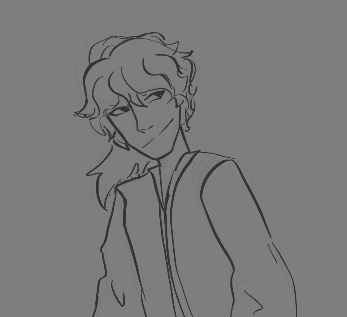 A grayscale sketch of a person with curly hair and a smug, self-satisfied smirk, wearing a zip-up hoodie. The text overlaid…