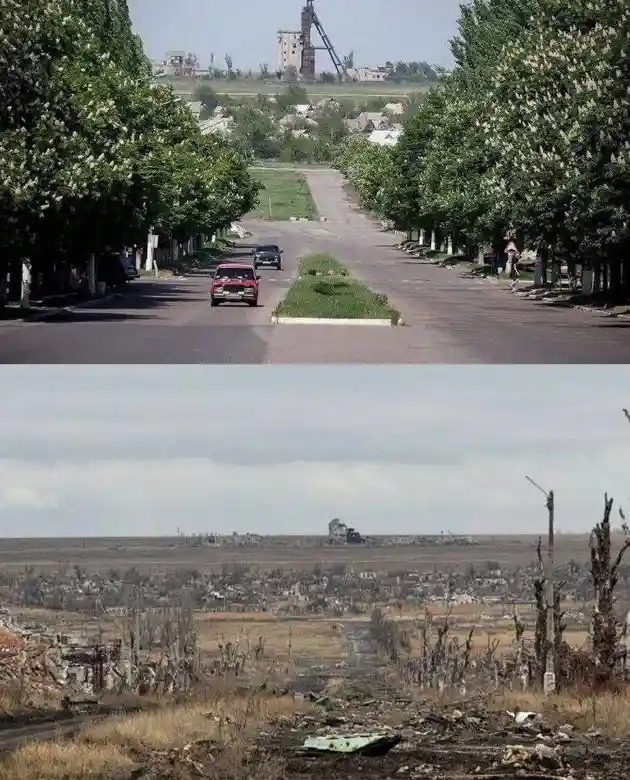 The image shows two contrasting scenes: the top panel depicts a peaceful, tree-lined street with cars and a distant…