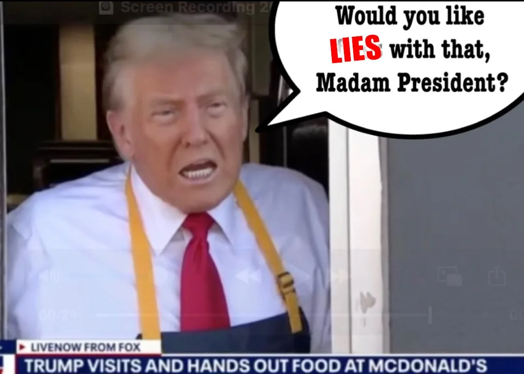 A screenshot of Donald Trump wearing a McDonald's apron and red tie, with a speech bubble overlaid that reads 'Would you…