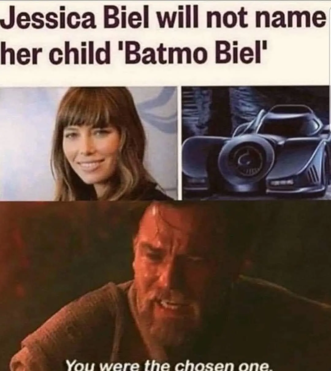 The image is a meme featuring a split top panel with a photo of actress Jessica Biel on the left and a photo of the…