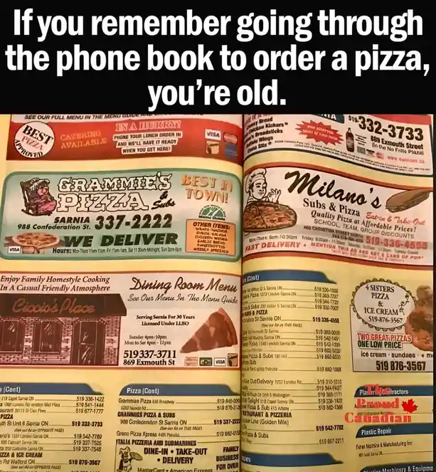 The image displays an open phone book filled with pizza restaurant advertisements, featuring names like 'Grammie's Pizza &…