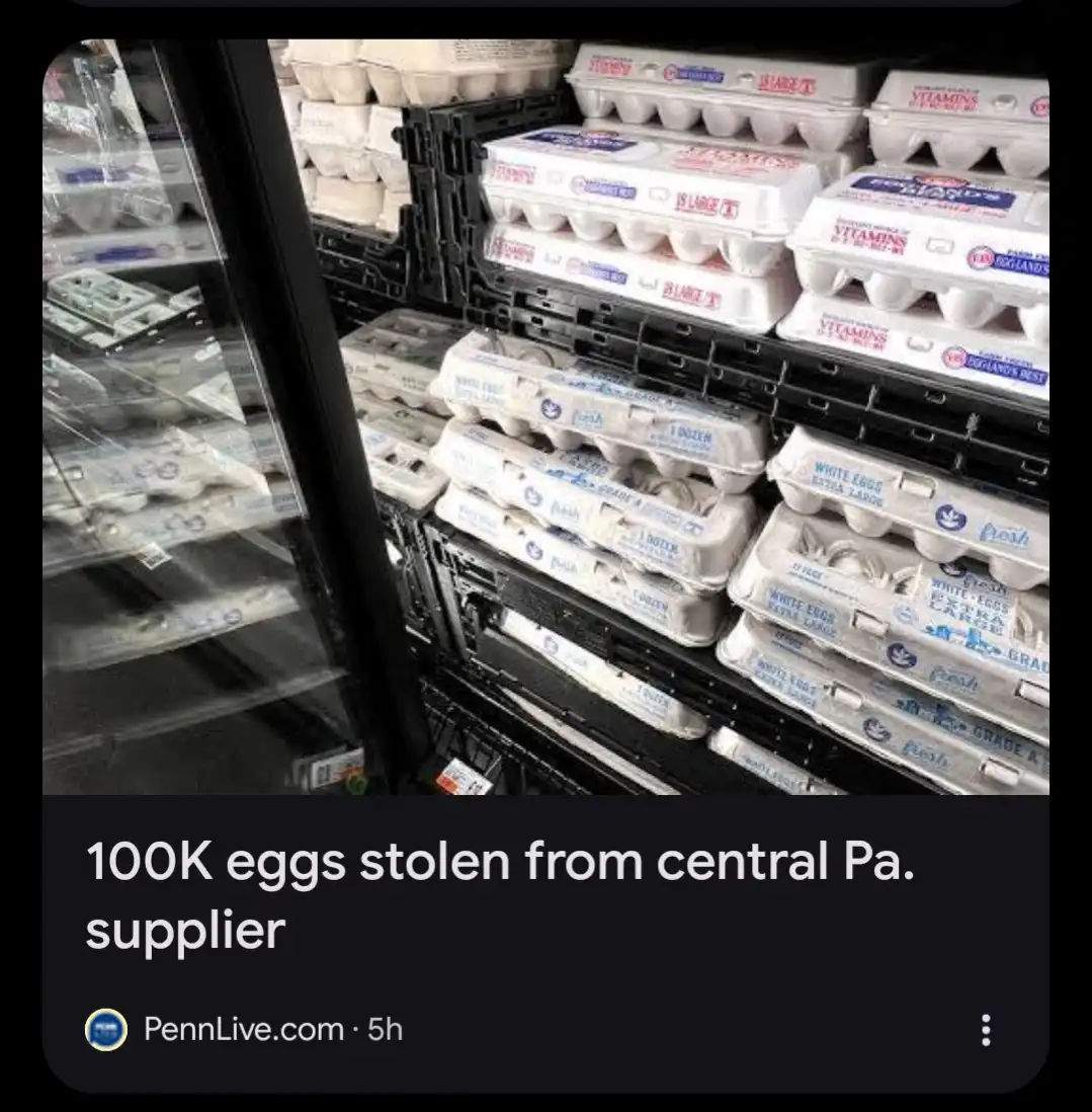 An image shows stacks of egg cartons in a refrigerated storage area, with text overlaid stating '100K eggs stolen from…