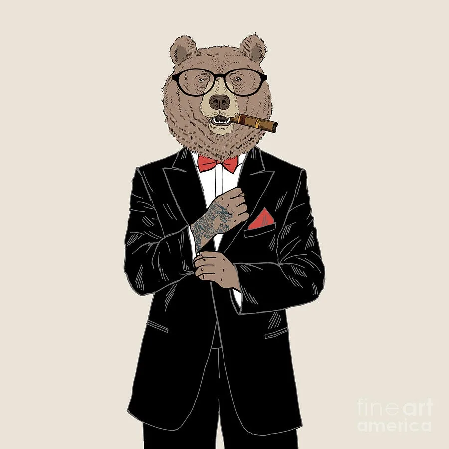 An illustrated brown bear wearing a black tuxedo, red bowtie, and glasses, holding a cigar in its mouth and adjusting its…