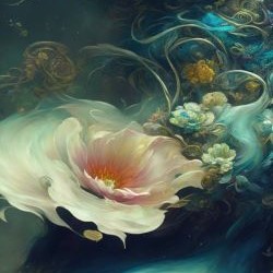 A surreal, painterly image features a large, soft pink and white flower blooming in dark, swirling water with glowing blue…