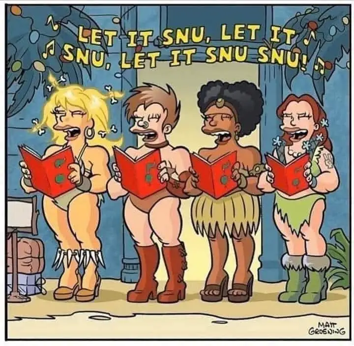 Four cartoon cavemen, dressed in primitive clothing and high heels, stand in a line singing from red songbooks. Above them…