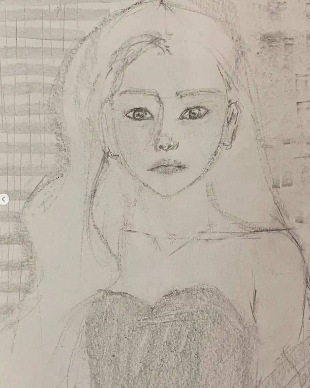 A pencil sketch of a young woman with large, expressive eyes, long hair, and a head covering, looking directly at the…
