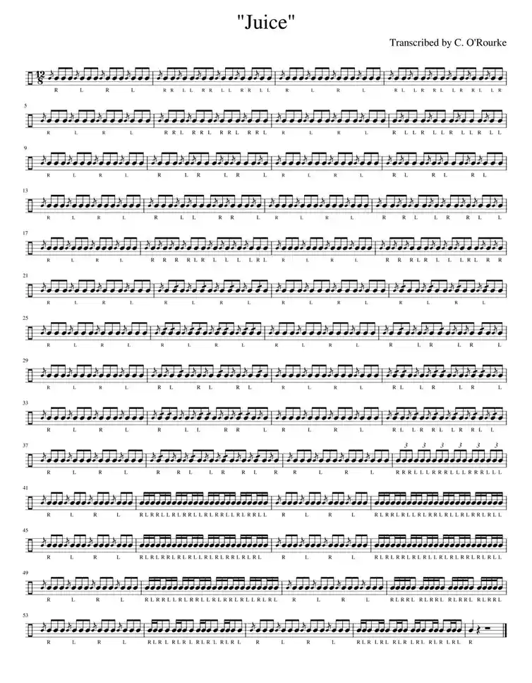 The image displays sheet music titled 'Juice' transcribed by C. O'Rourke, featuring rhythmic patterns of 'R' and 'L'…