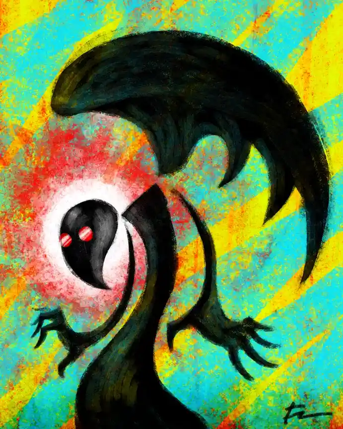 A stylized, abstract painting depicts a black, winged, humanoid figure with glowing red eyes against a vibrant, textured…