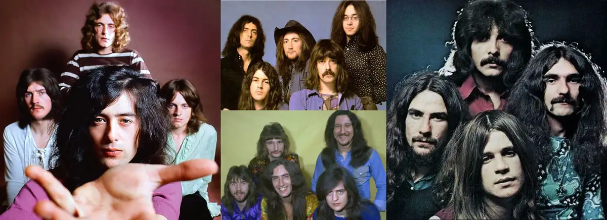 A collage of three classic rock band photos: The Rolling Stones (left, front member pointing), Led Zeppelin (center, with…