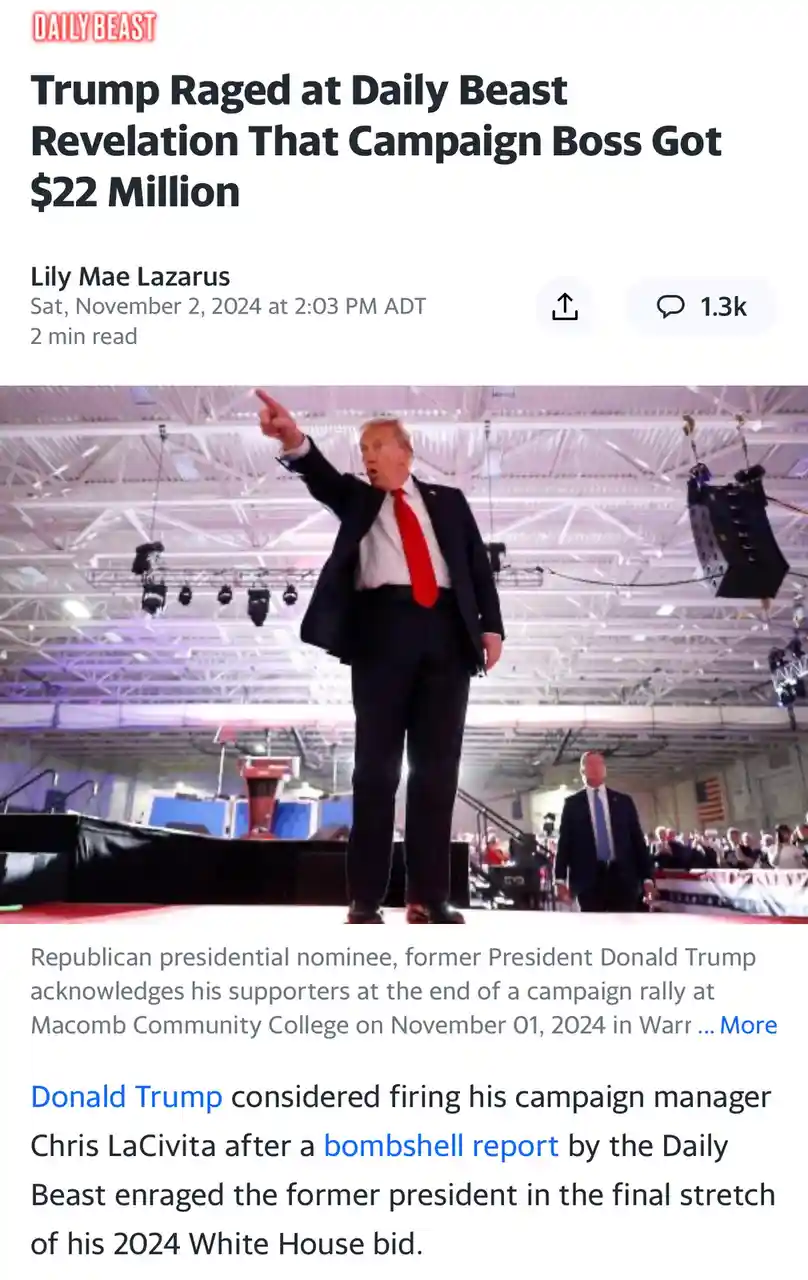 A screenshot of a Daily Beast article shows Donald Trump on stage at a rally, pointing angrily, with the headline 'Trump…