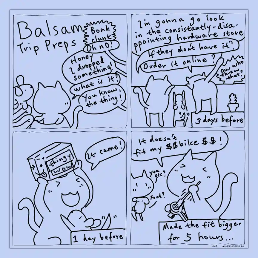 A four-panel comic strip featuring cartoon cats and a mouse preparing for a trip. In the first panel, a cat drops an object…
