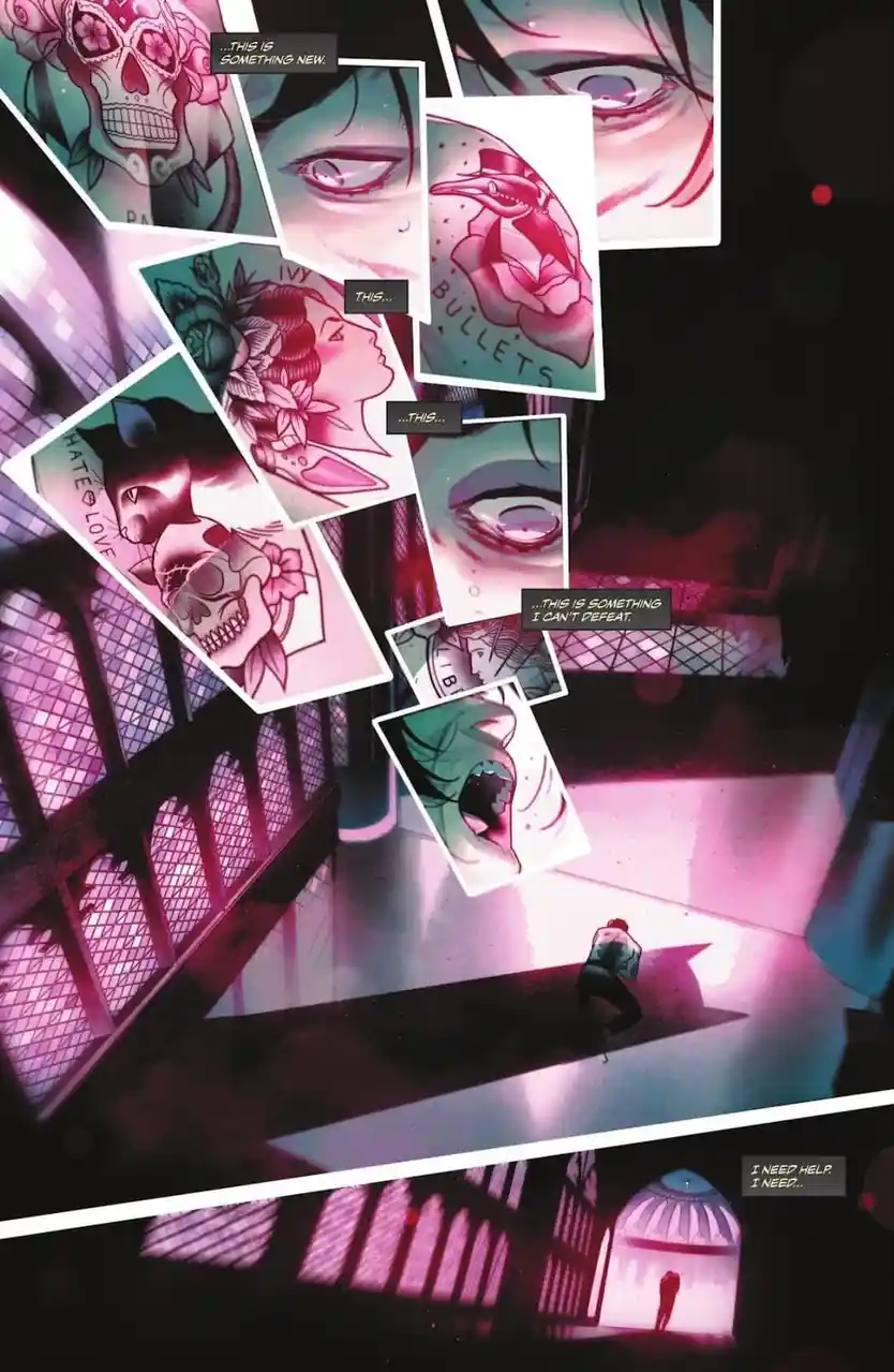 A comic panel shows a small figure kneeling in a dimly lit, purple-hued room, overwhelmed by floating photographs of various…