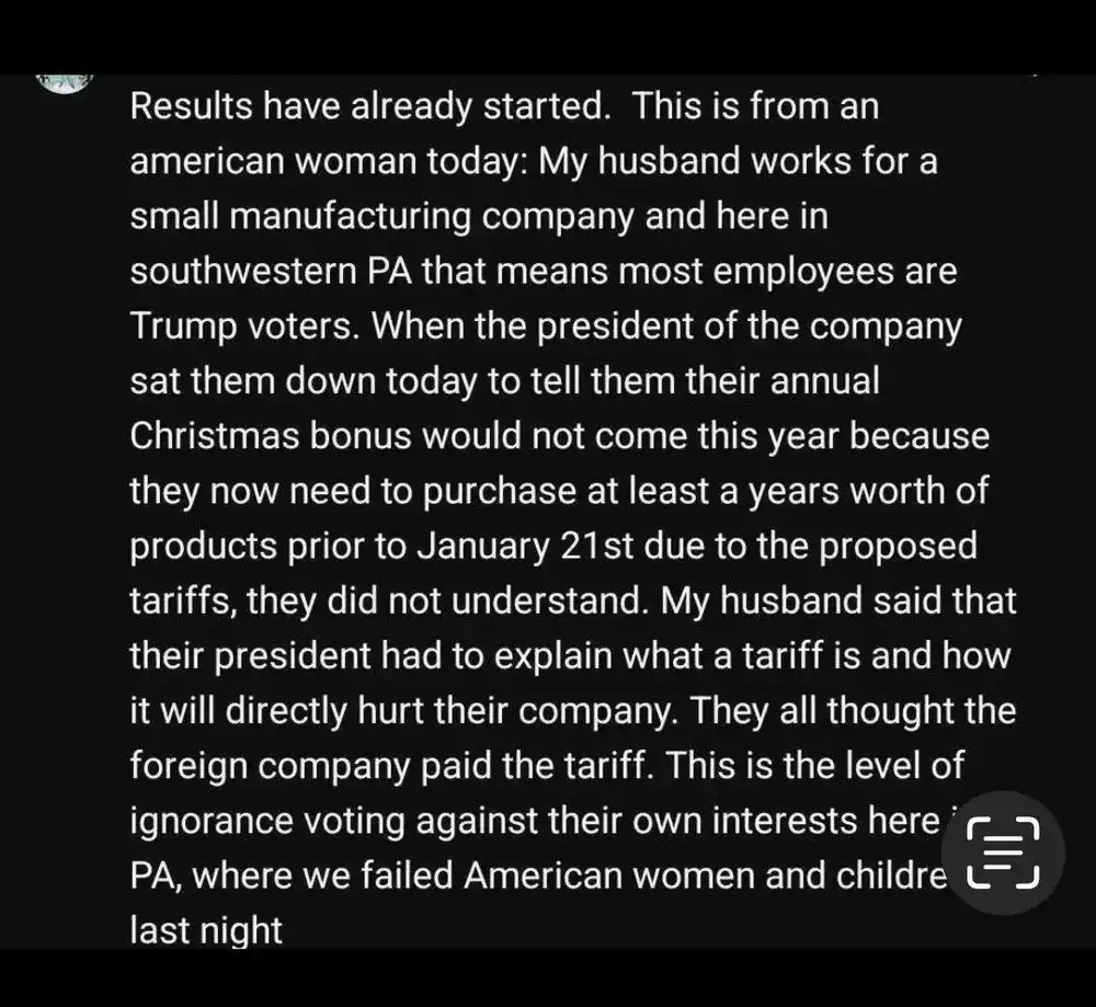 A black-background image displays a long white text block, which is a social media post from an American woman describing…