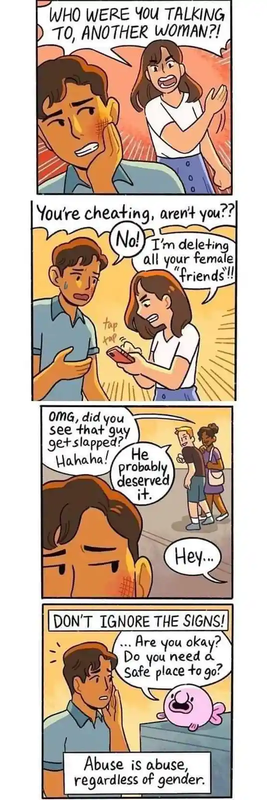 A four-panel comic depicts a woman accusing a man of cheating, he denies it and claims he's deleting her female friends…