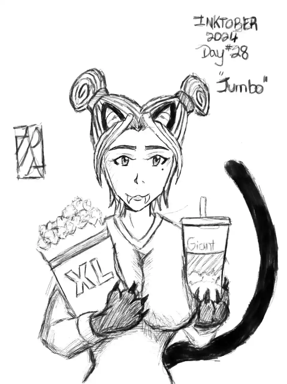 A black-and-white sketch of an anthropomorphic character with cat ears, a tail, and fangs, holding an XL popcorn box and a…