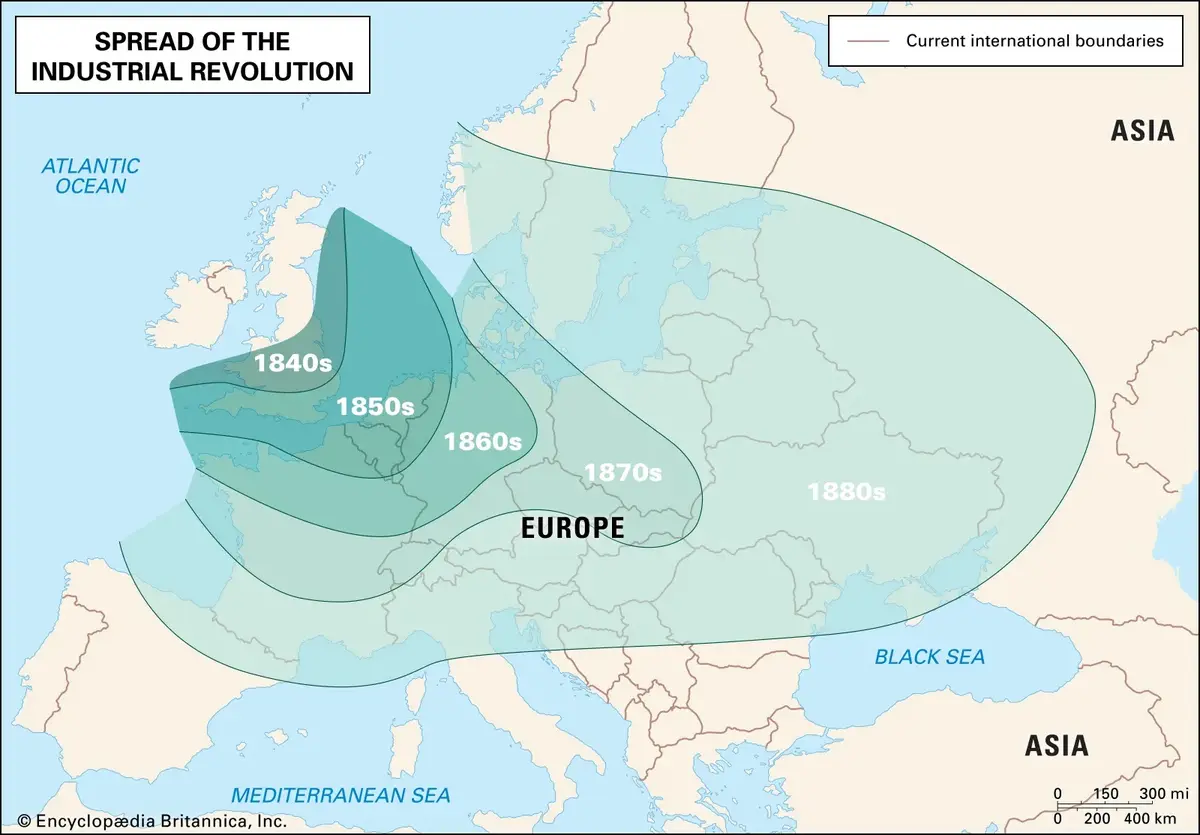 A historical map titled 'Spread of the Industrial Revolution' shows concentric green shaded areas expanding across Europe…