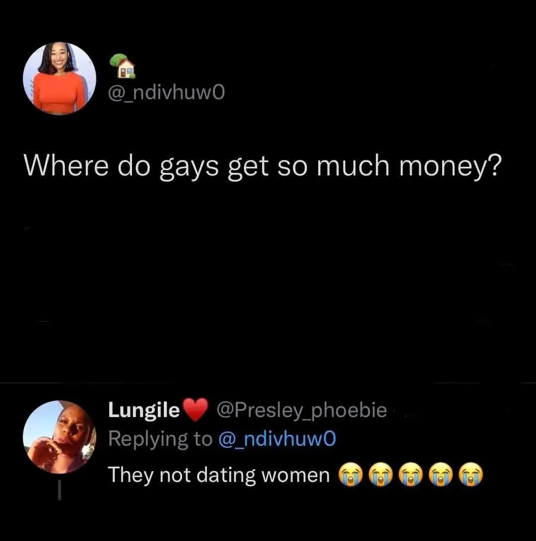 A screenshot of a Twitter thread shows user @_ndivhuw0 asking 'Where do gays get so much money?' Below, user Lungile…