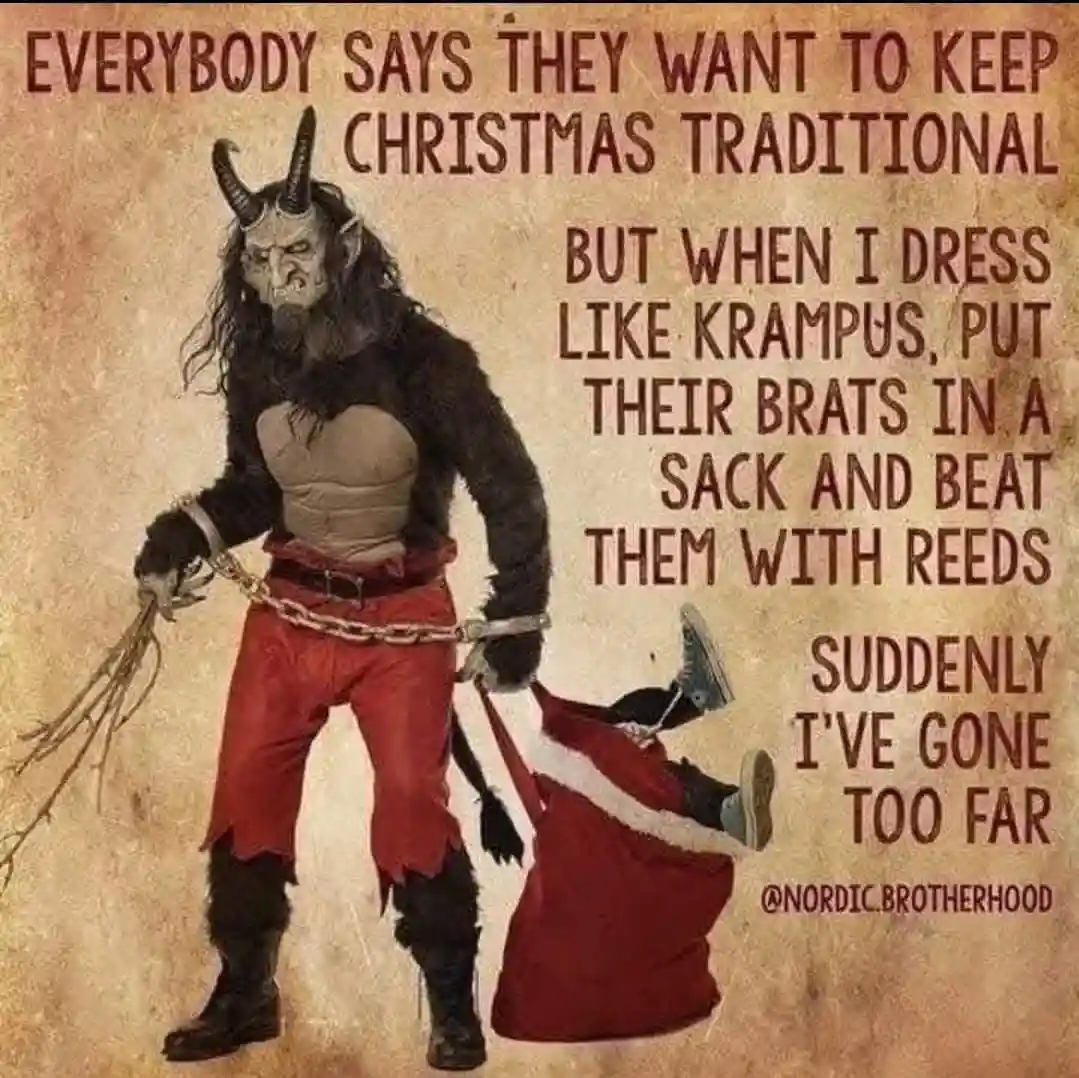 A person in a Krampus costume, with horns, fur, and red pants, holds a chain and a bundle of reeds while dragging a sack…