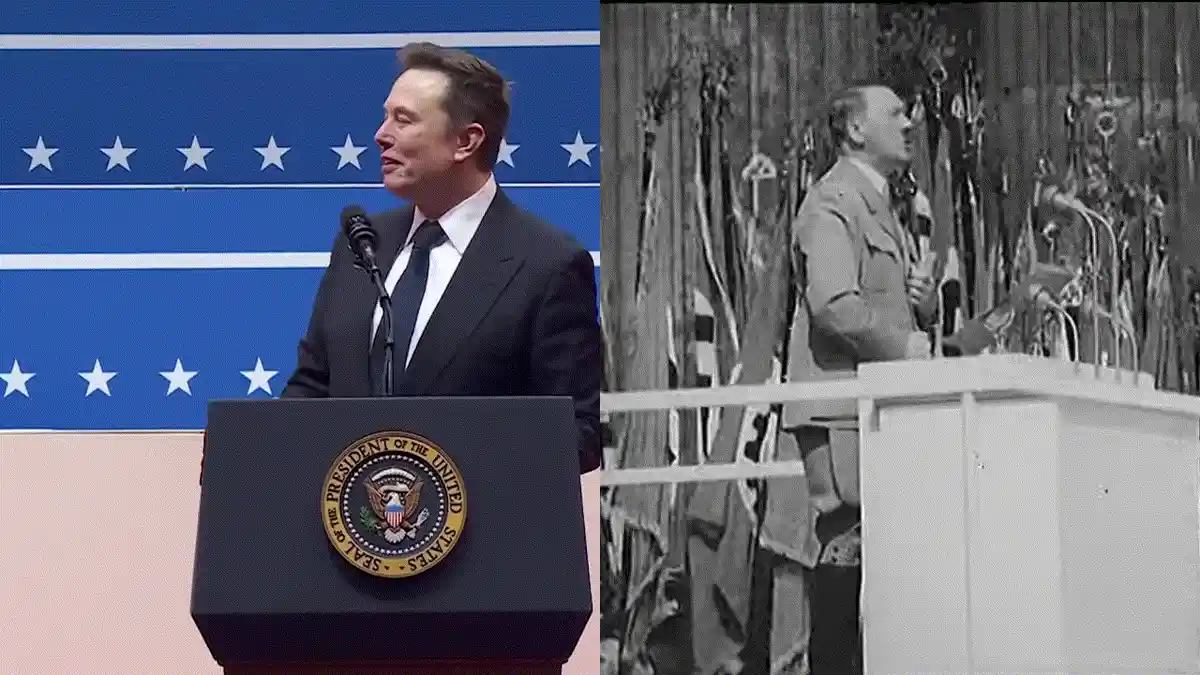 The image is a side-by-side comparison of two rows of frames. In the top row, Elon Musk stands at a podium with the…
