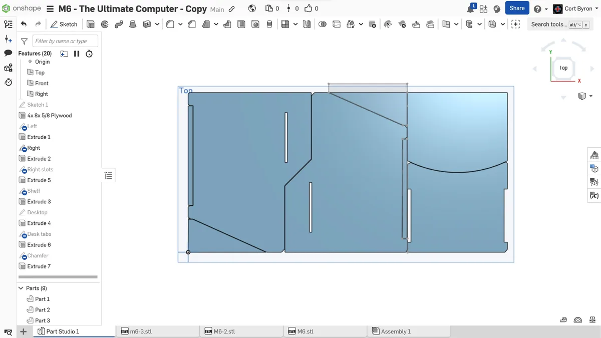 A screenshot of the Onshape CAD software interface showing a 3D model of a computer case being designed. The model is a…