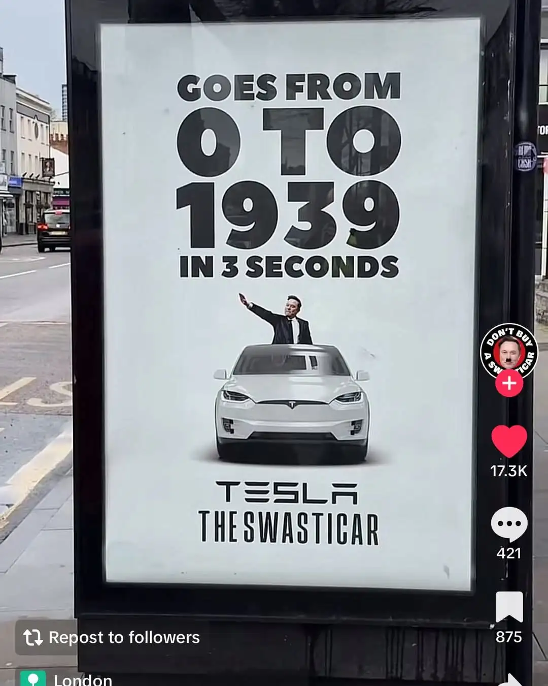 A street advertisement for a Tesla car features bold text claiming it 'goes from 0 to 1939 in 3 seconds'. Below, a man in a…