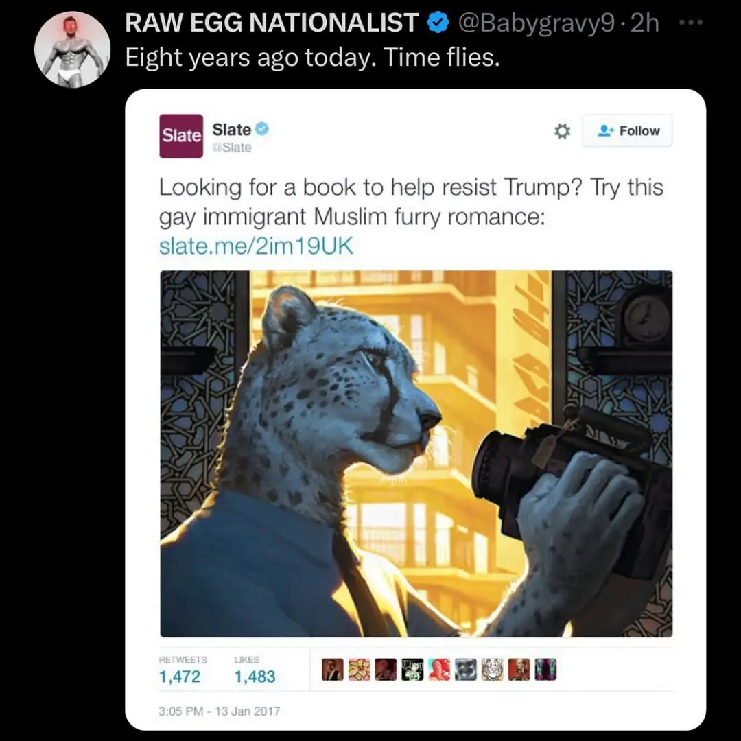 A screenshot of a 2017 tweet from Slate suggesting a 'gay immigrant Muslim furry romance' book to resist Trump, featuring an…