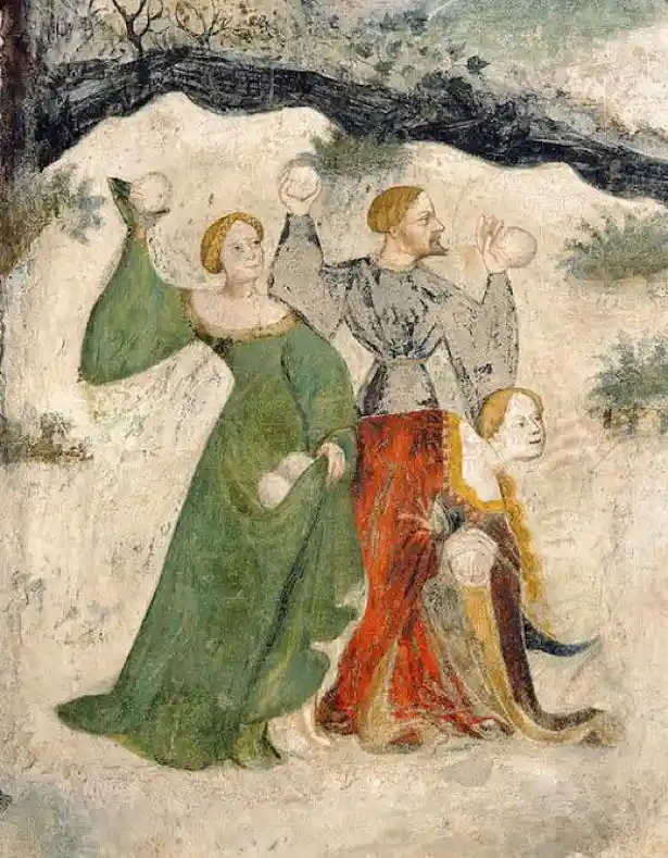 An old, faded painting depicts three medieval-style figures in a snowy landscape. Two standing figures, a woman in green and…