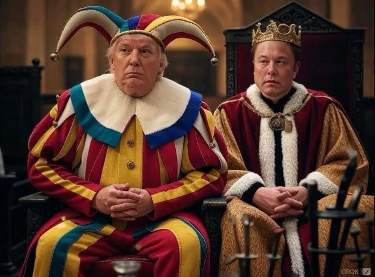 Two men, digitally altered to resemble Donald Trump and Elon Musk, sit side-by-side on thrones in a royal setting. Trump…