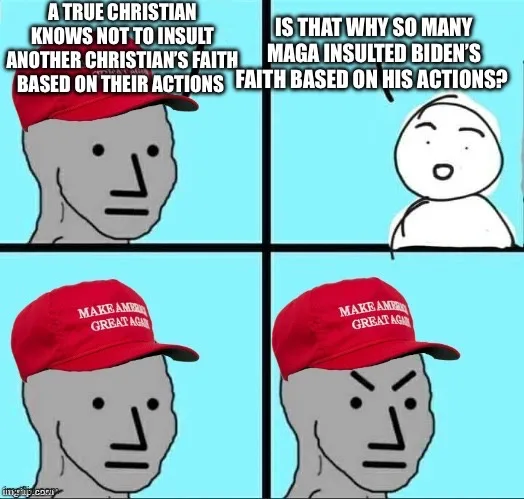 A four-panel meme featuring a gray-faced man wearing a red 'Make America Great Again' cap in the bottom-left and…