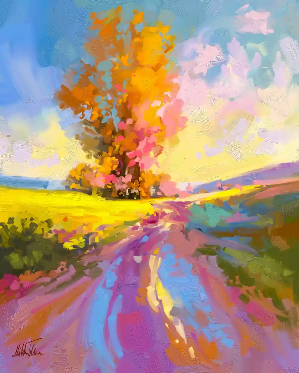 A vibrant, impressionistic painting depicts a solitary tree with orange and pink foliage standing in a field under a blue…