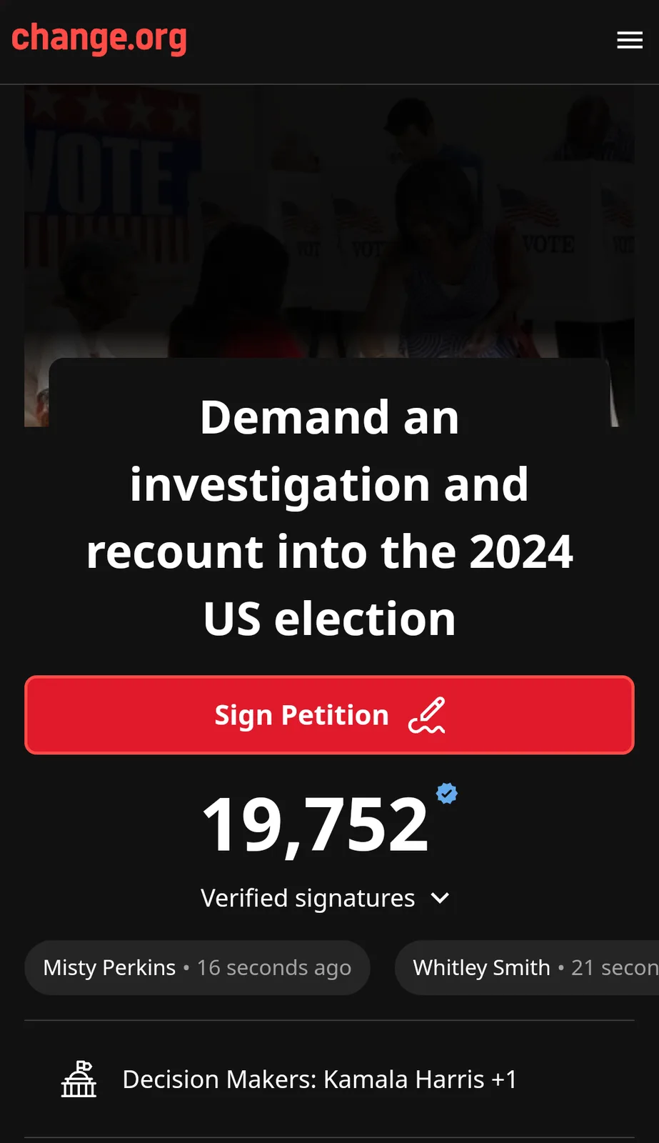 A screenshot of a change.org petition page showing a request to investigate and recount the 2024 US election, with 19,752…