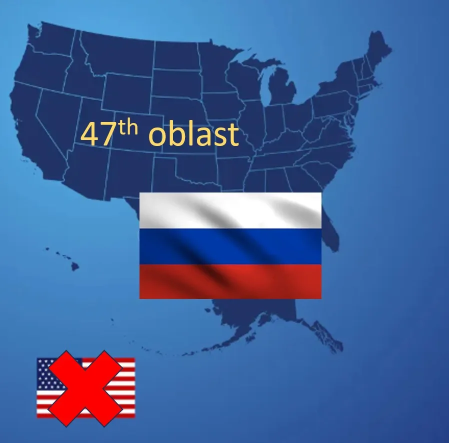 A dark blue map of the United States has the text '47th oblast' overlaid in yellow. A Russian flag is superimposed over the…
