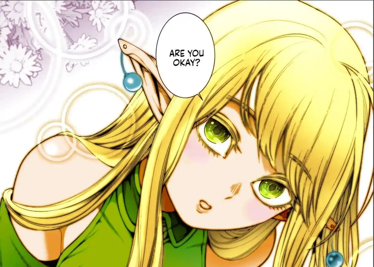 A close-up anime-style illustration of a young woman with long blonde hair, green eyes, and pointed elf-like ears adorned…