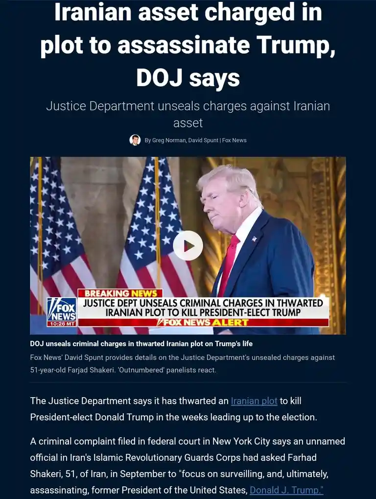 A screenshot of a Fox News article with a headline reading 'Iranian asset charged in plot to assassinate Trump, DOJ says'…