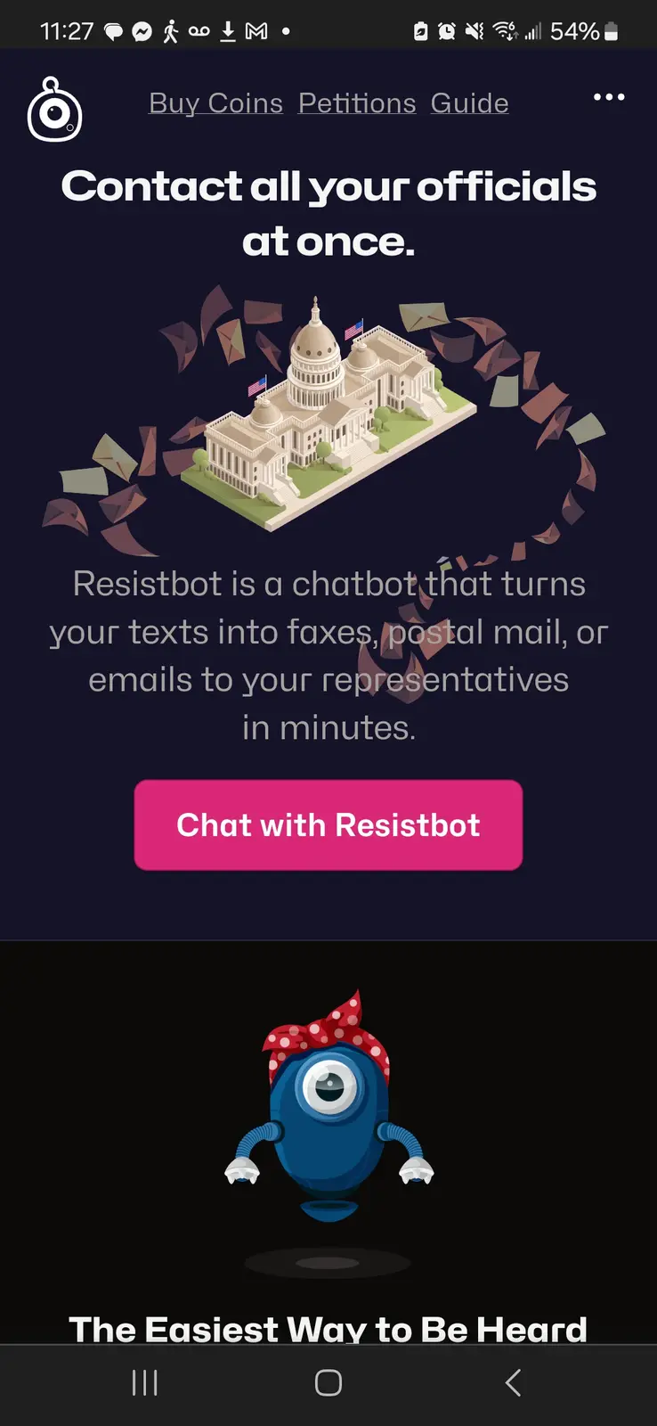 An app interface for 'Resistbot' shows a 3D illustration of the U.S. Capitol building surrounded by flying envelopes, with…