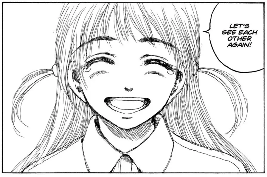 A black-and-white manga panel shows a young girl with pigtails, wearing a collared shirt and tie, smiling widely with tears…