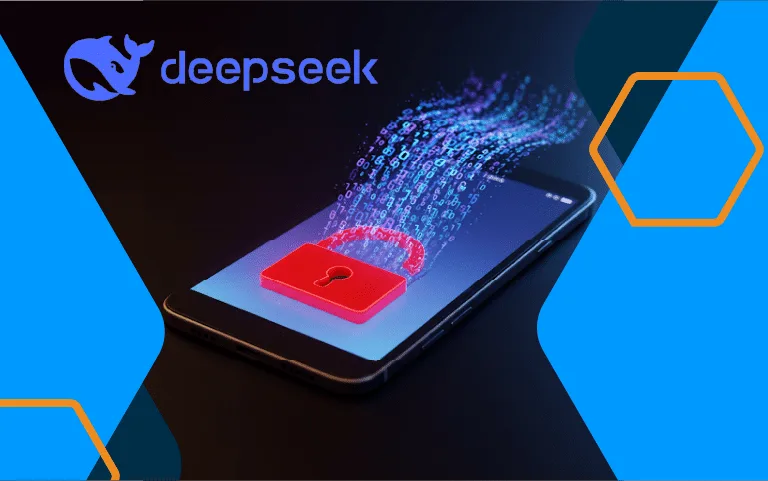 A smartphone displays a red padlock icon with binary code streaming upward, set against a dark background with blue and…